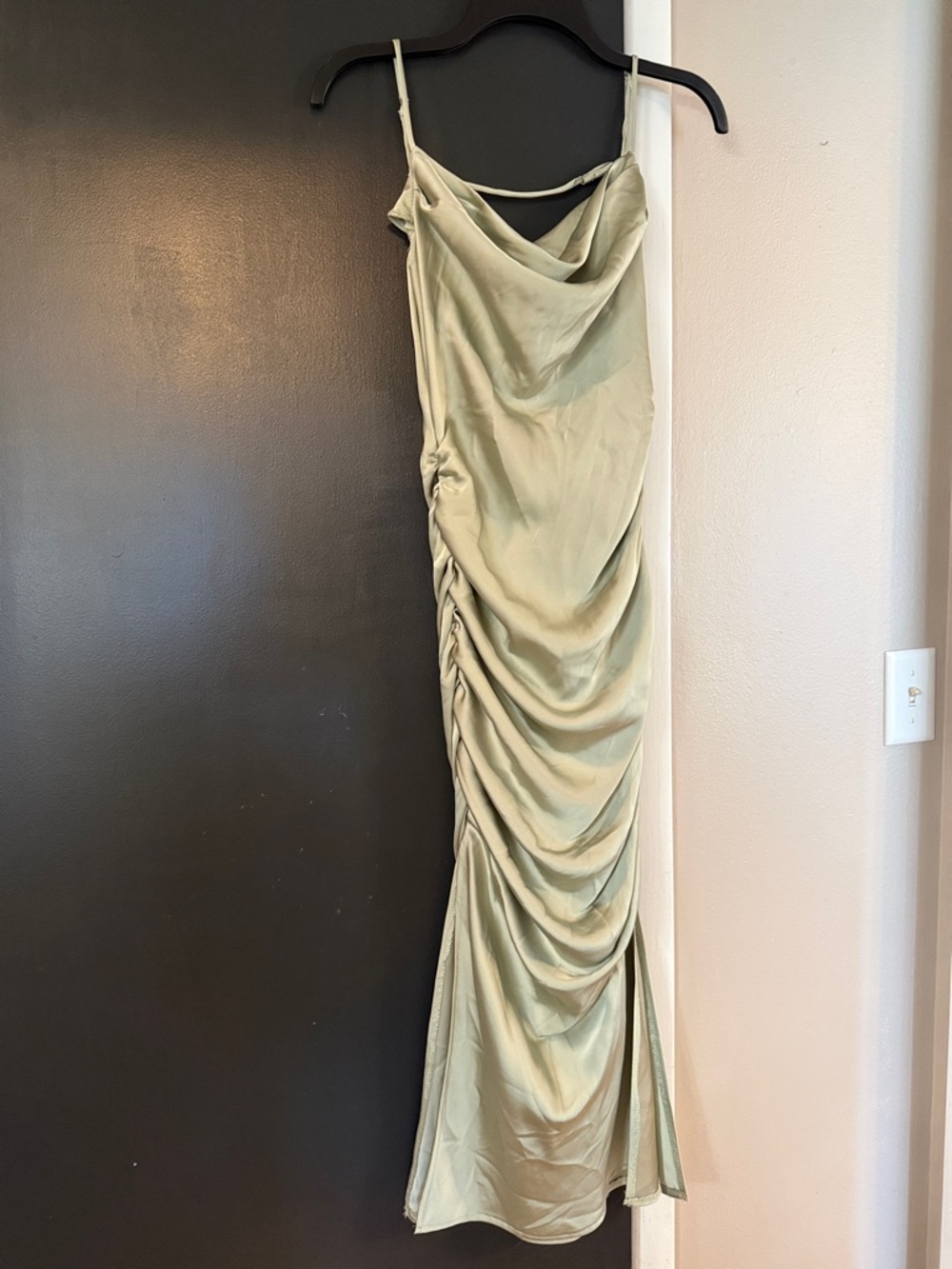 Hello Molly Sage Green Satin Ruched Slip Dress
